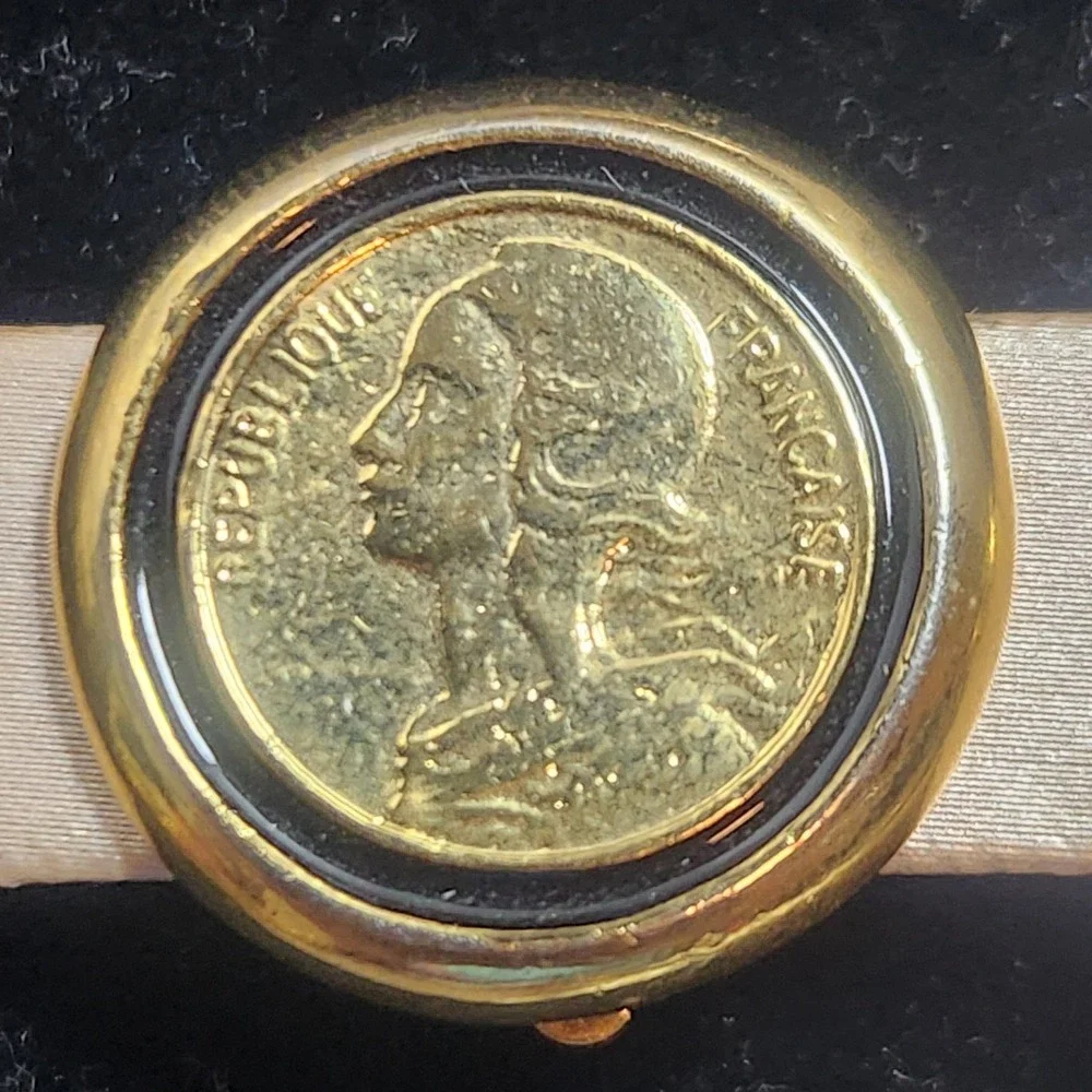 Vintage French Coin Clip On Earrings Gold Tone Republique Francaise Round 1 Inch